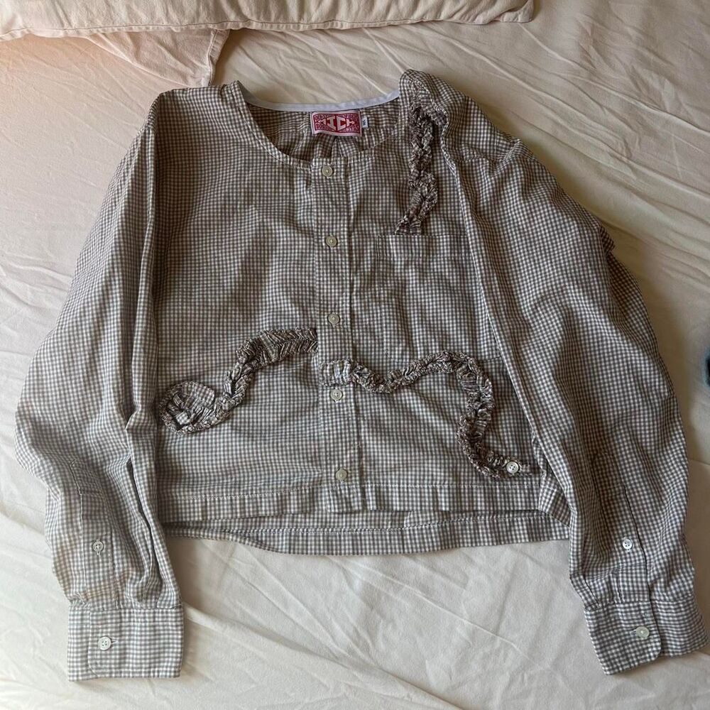 Women's Reworked Cropped Gingham Blouse with Ruffle Details